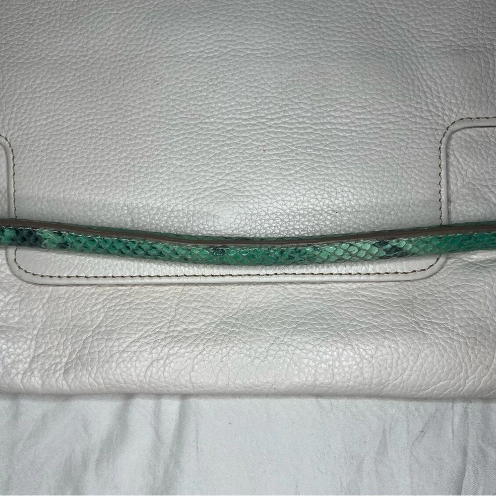 Iacucci White Pebbled Leather Large Clutch, Teal Snake Skin Leather Accent